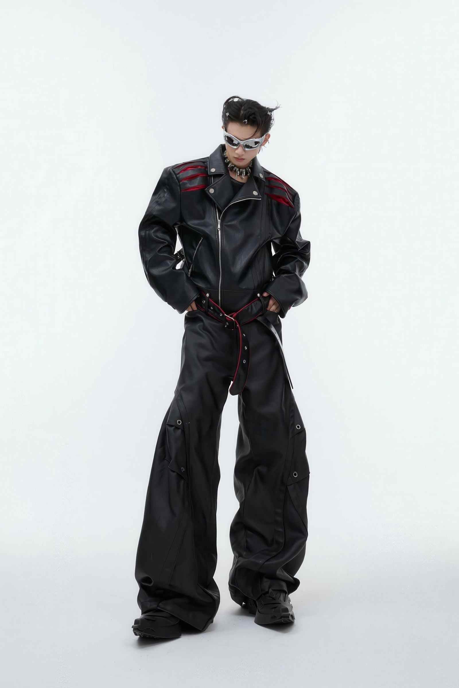 Short Deconstructed Biker Leather Jacket - Pleated Spine and Heavy Stitching - 5SION