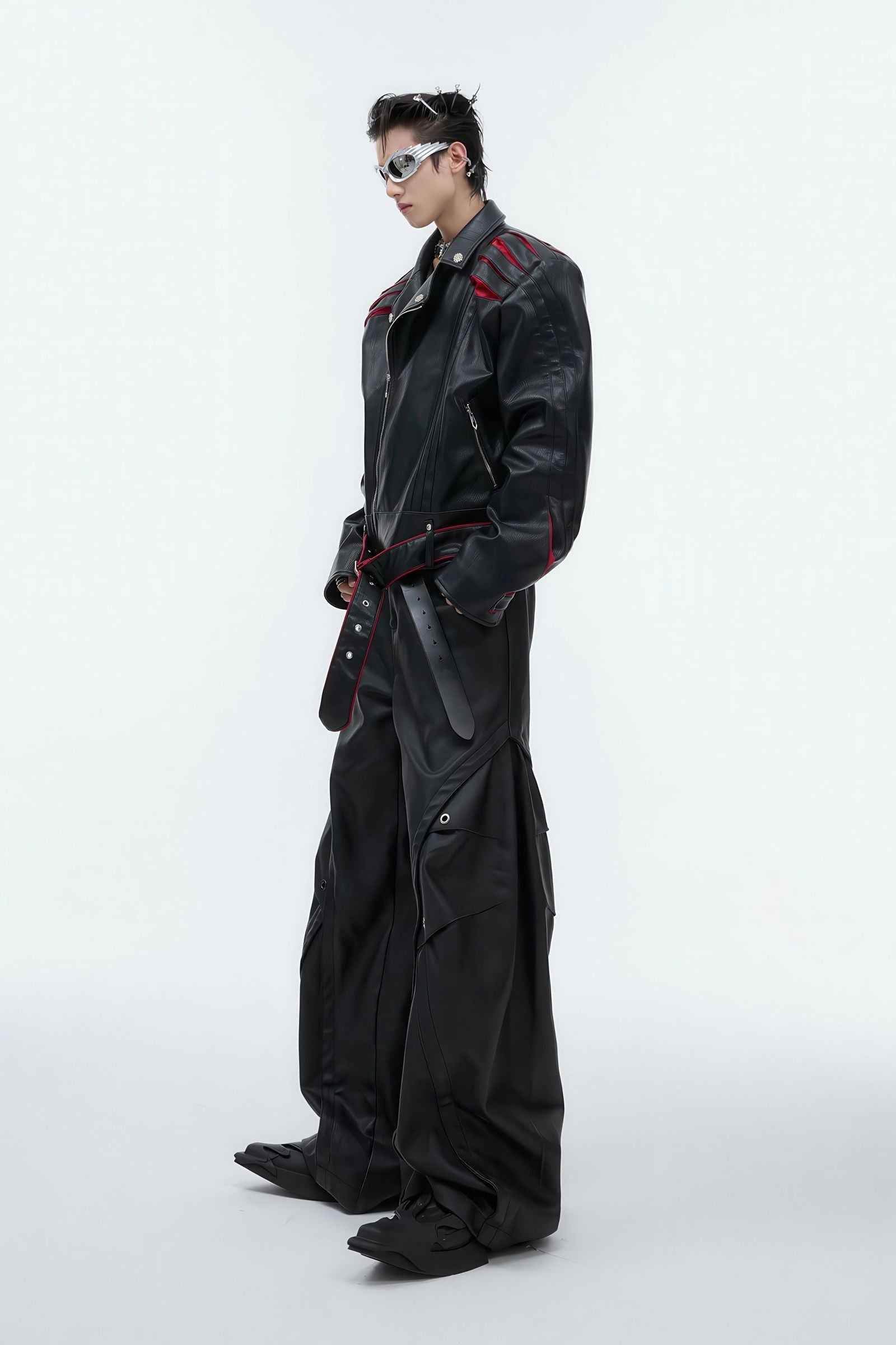 Short Deconstructed Biker Leather Jacket - Pleated Spine and Heavy Stitching - 5SION