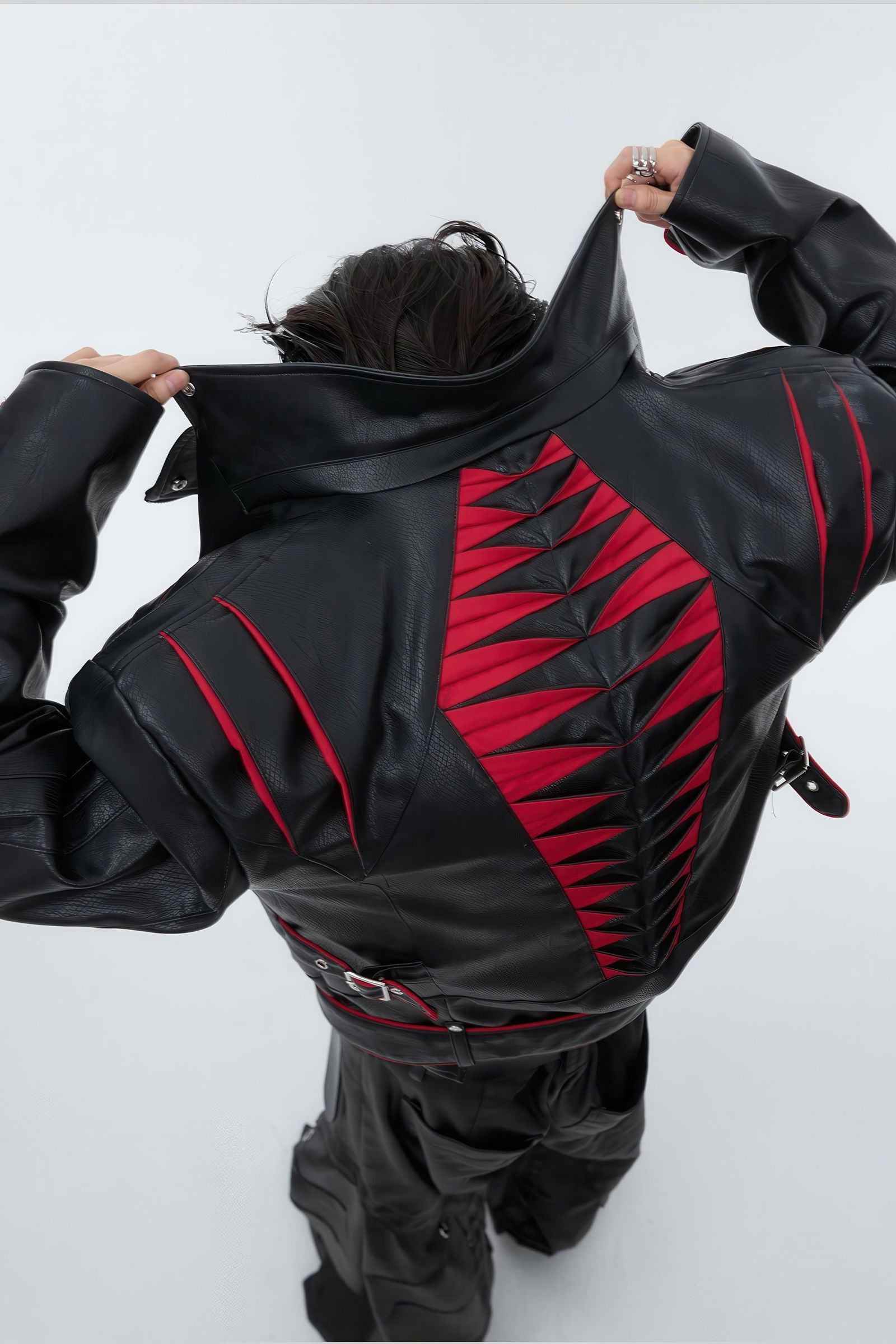 Short Deconstructed Biker Leather Jacket - Pleated Spine and Heavy Stitching - 5SION