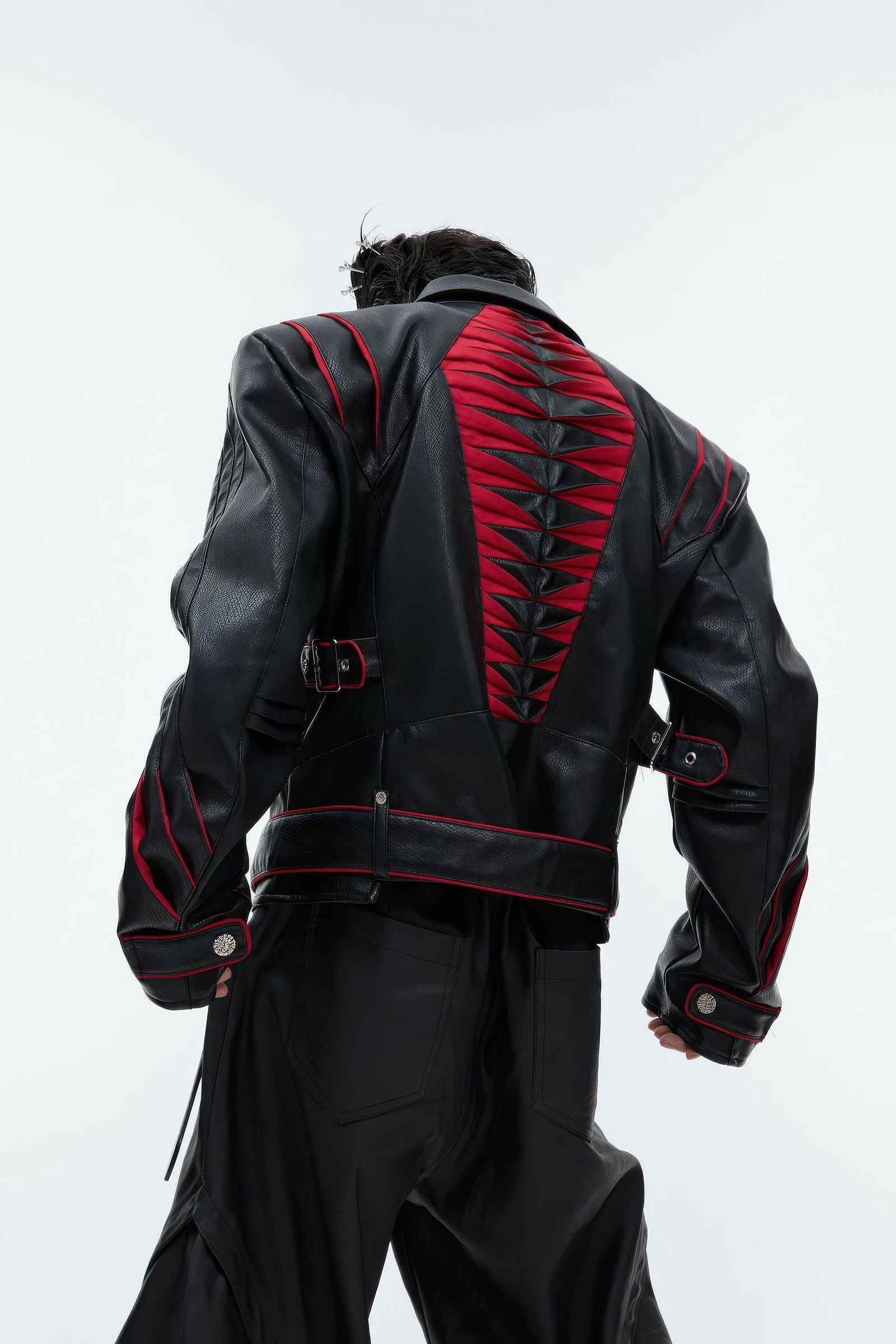 Short Deconstructed Biker Leather Jacket - Pleated Spine and Heavy Stitching - 5SION