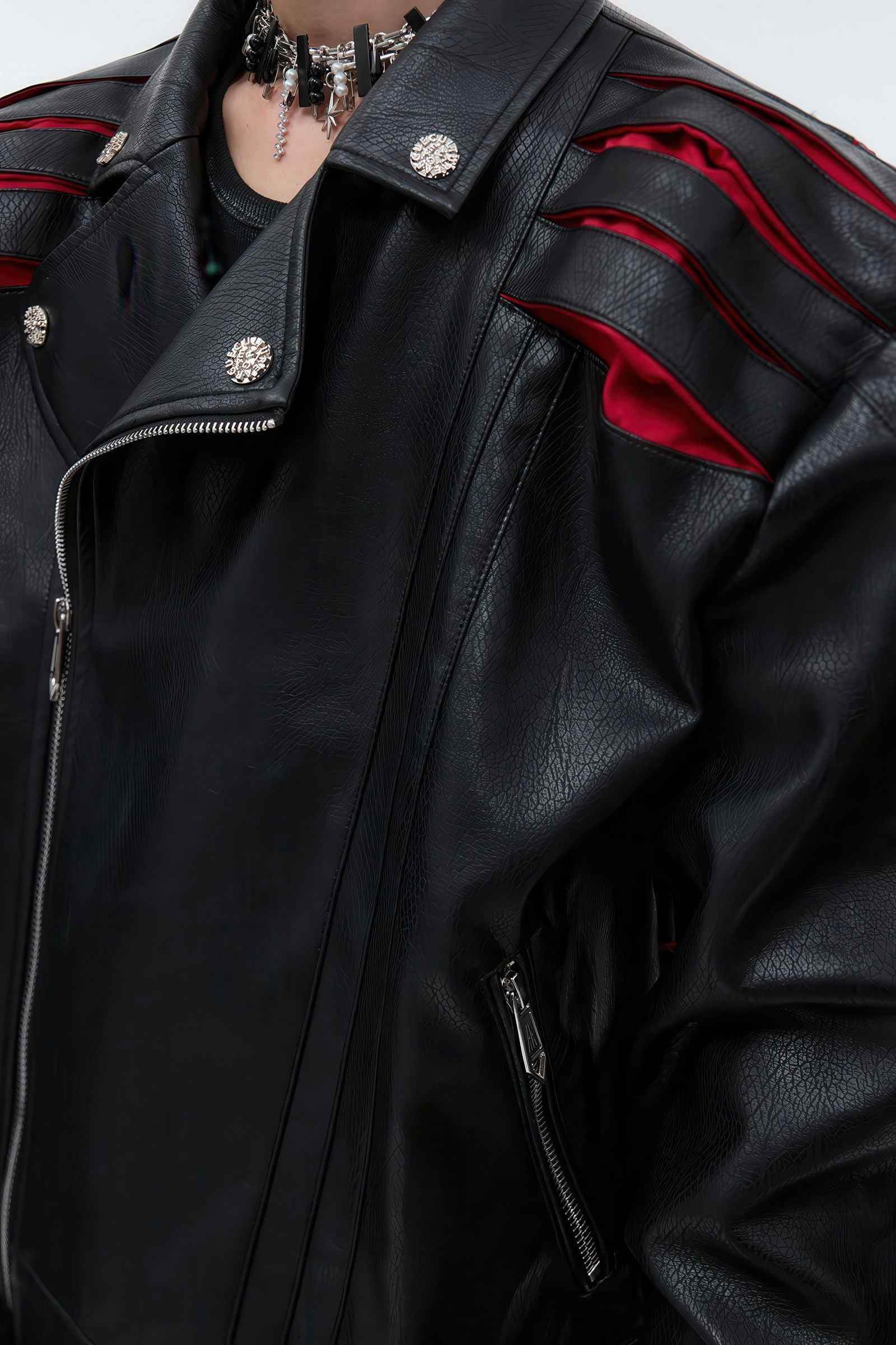 Short Deconstructed Biker Leather Jacket - Pleated Spine and Heavy Stitching - 5SION