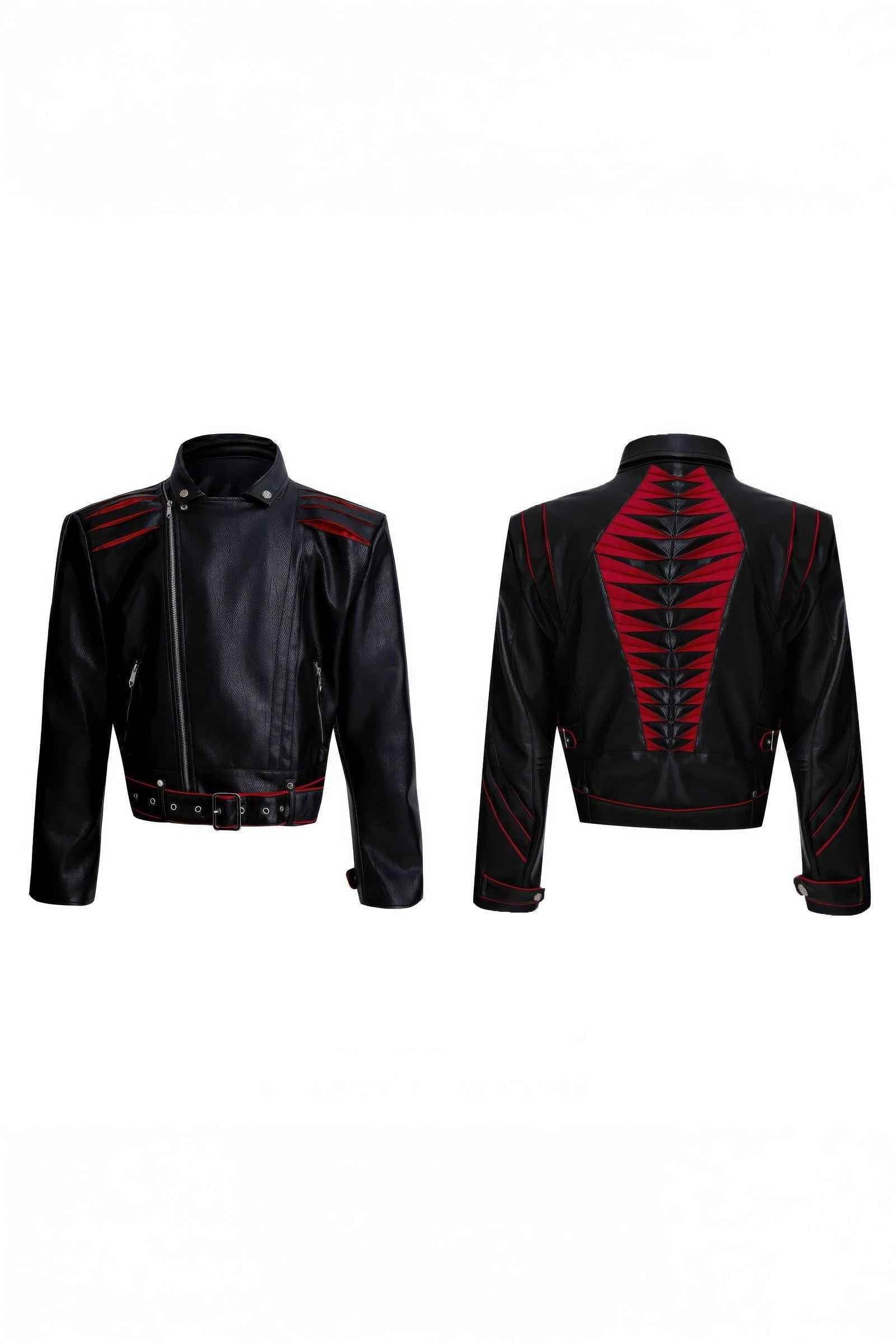 Short Deconstructed Biker Leather Jacket - Pleated Spine and Heavy Stitching - 5SION