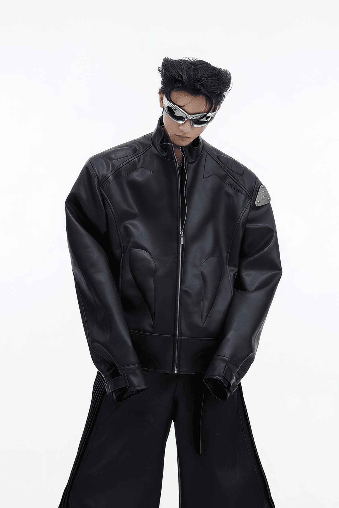 Short Leather Jacket – Modern Sculptural Design with Metal Logo - 5SION