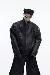 Short Leather Jacket – Modern Sculptural Design with Metal Logo - 5SION