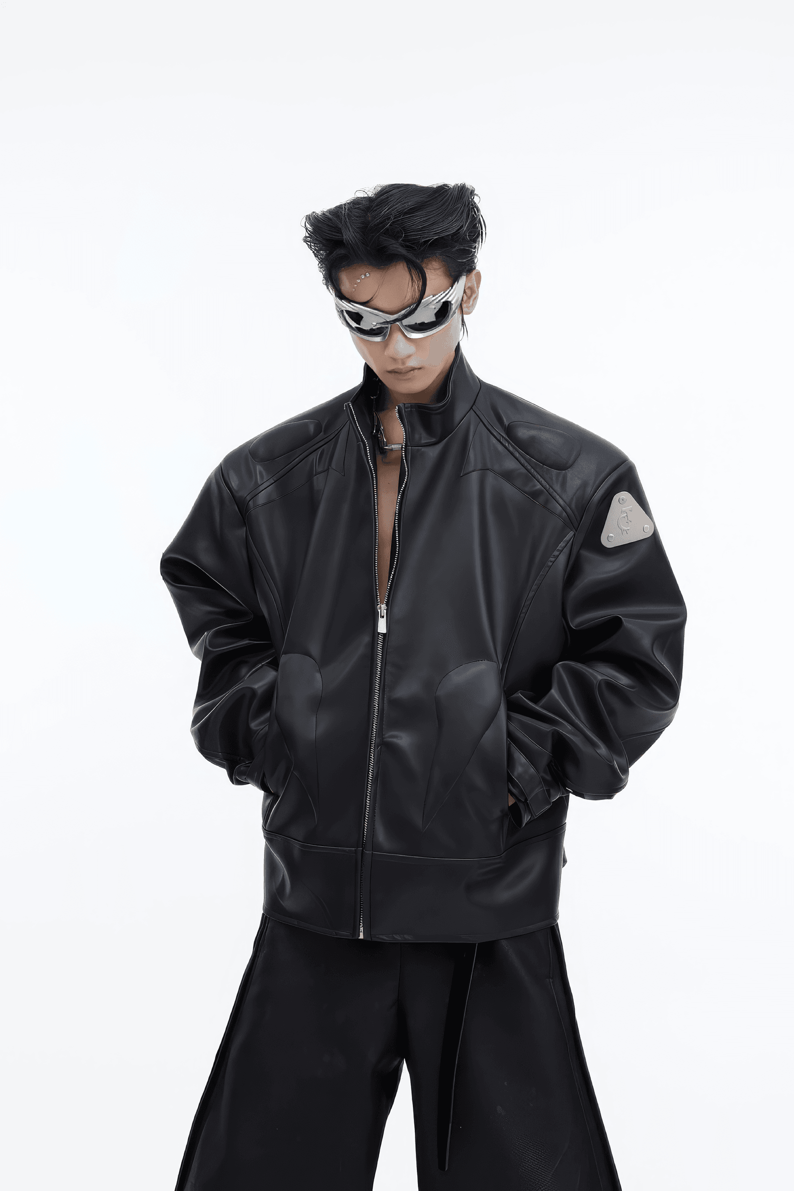 Short Leather Jacket – Modern Sculptural Design with Metal Logo - 5SION