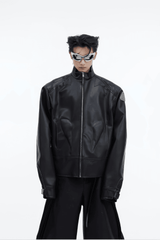 Short Leather Jacket – Modern Sculptural Design with Metal Logo - 5SION