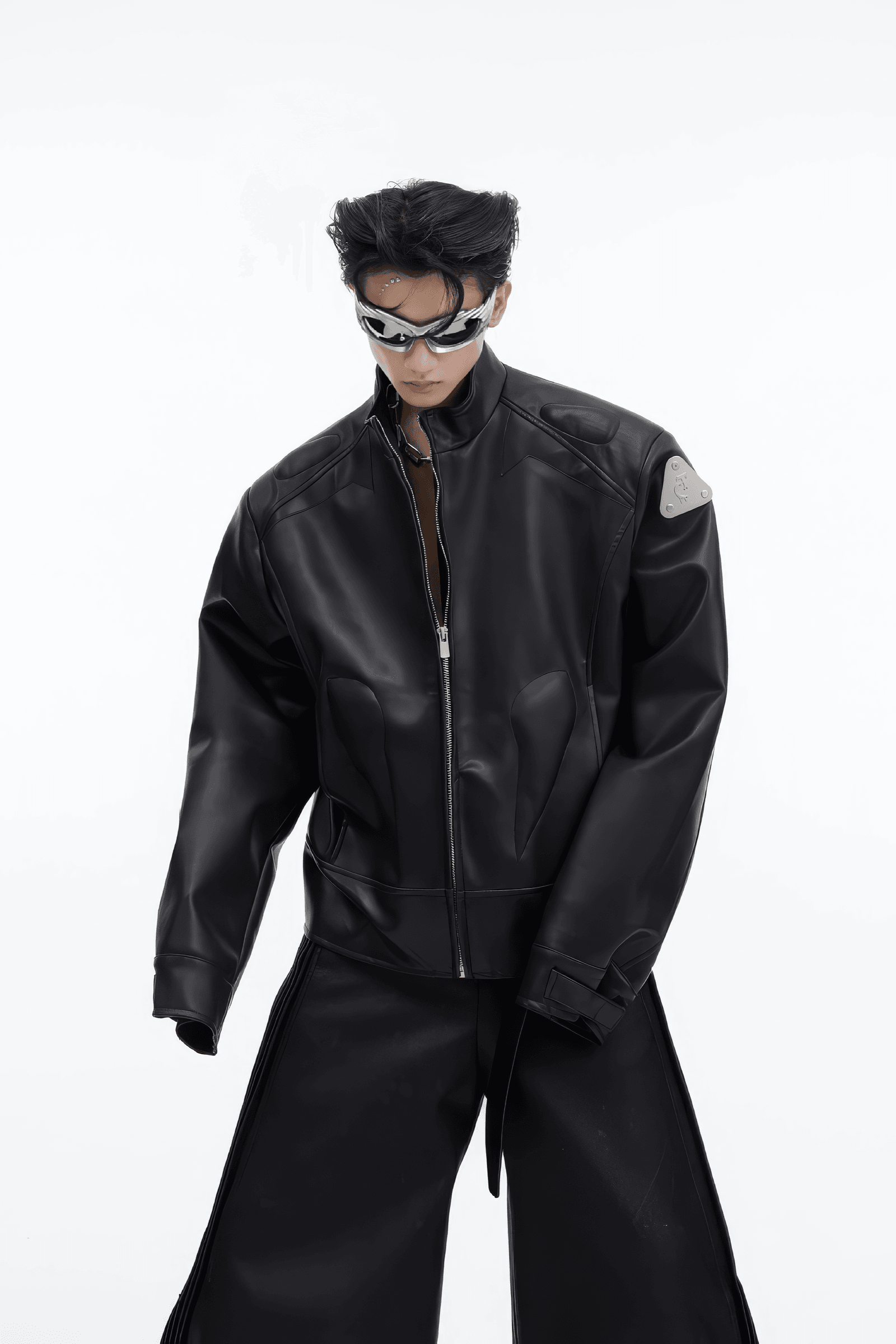 Short Leather Jacket – Modern Sculptural Design with Metal Logo - 5SION