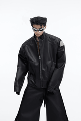 Short Leather Jacket – Modern Sculptural Design with Metal Logo - 5SION