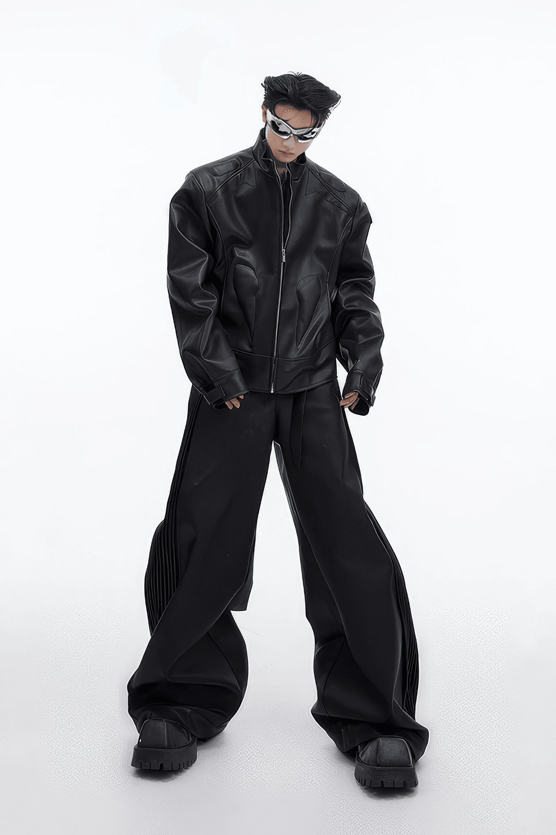 Short Leather Jacket – Modern Sculptural Design with Metal Logo - 5SION