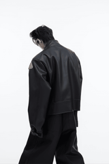 Short Leather Jacket – Modern Sculptural Design with Metal Logo - 5SION