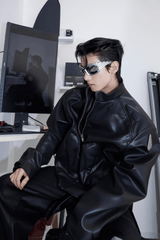 Short Leather Jacket – Modern Sculptural Design with Metal Logo - 5SION