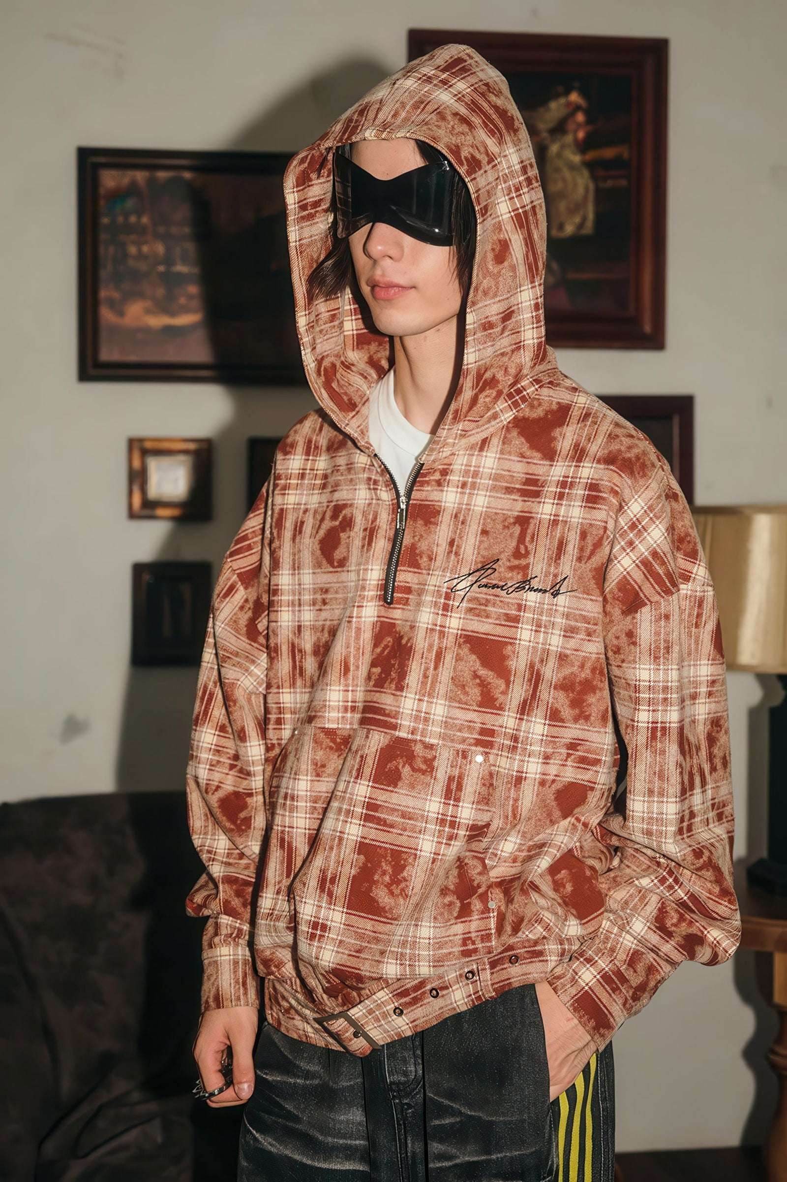 Tie-Dye Hoodie - Half-Zip Belted Checkered Loungewear - 5SION