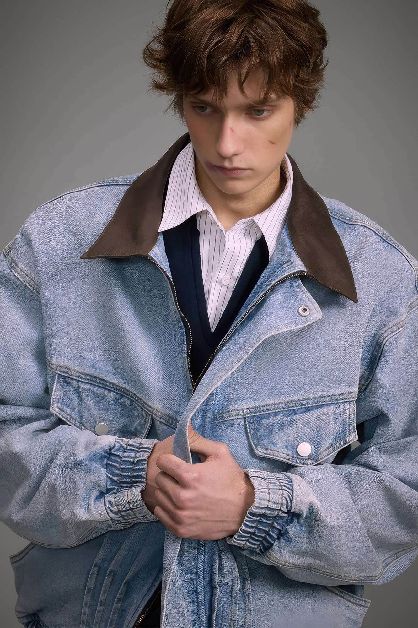 Vintage Washed Denim Jacket with Color Block Collar, American Streetwear Style - 5SION