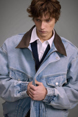 Vintage Washed Denim Jacket with Color Block Collar, American Streetwear Style - 5SION