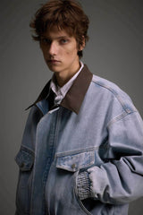 Vintage Washed Denim Jacket with Color Block Collar, American Streetwear Style - 5SION