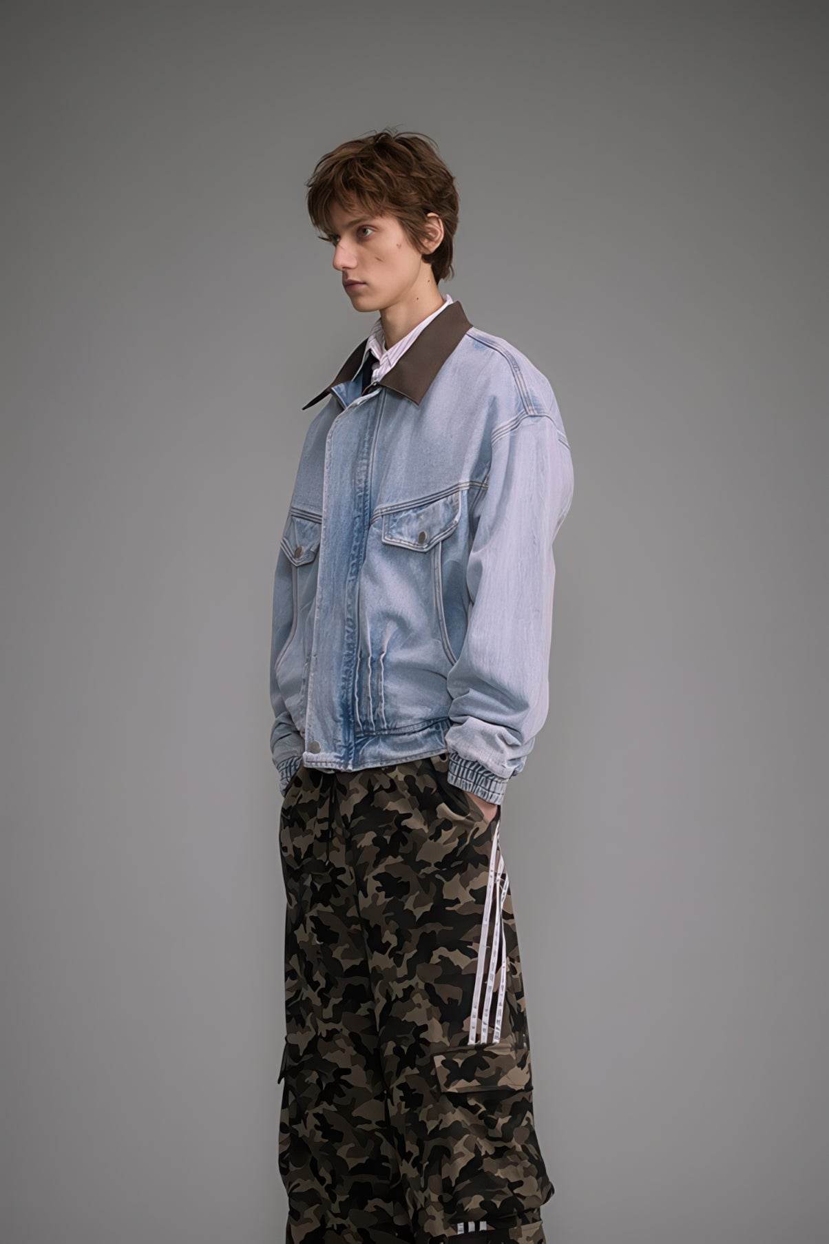 Vintage Washed Denim Jacket with Color Block Collar, American Streetwear Style - 5SION