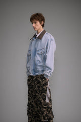 Vintage Washed Denim Jacket with Color Block Collar, American Streetwear Style - 5SION