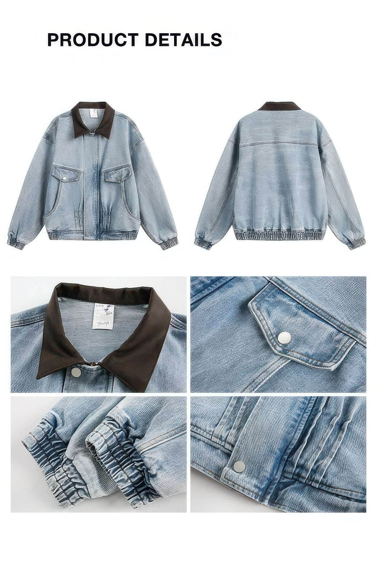Vintage Washed Denim Jacket with Color Block Collar, American Streetwear Style - 5SION