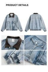 Vintage Washed Denim Jacket with Color Block Collar, American Streetwear Style - 5SION