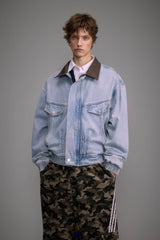 Vintage Washed Denim Jacket with Color Block Collar, American Streetwear Style - 5SION