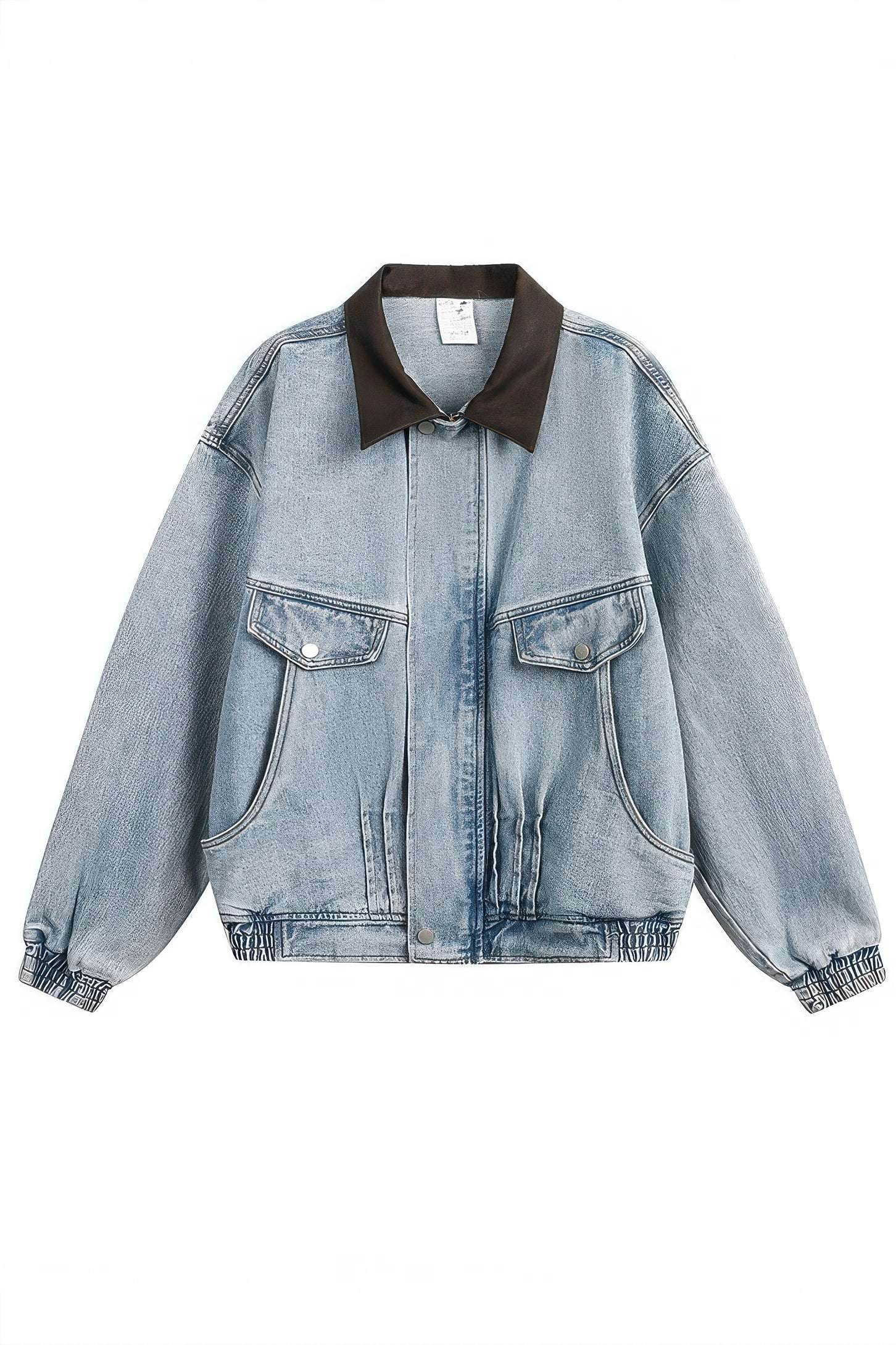 Vintage Washed Denim Jacket with Color Block Collar, American Streetwear Style - 5SION