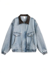 Vintage Washed Denim Jacket with Color Block Collar, American Streetwear Style - 5SION
