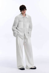 White Chunky Knit Cardigan - Ceramic Button & Shawl Collar Design - 5SION