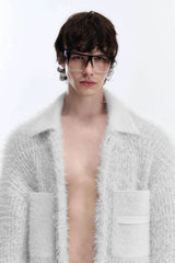 White Chunky Knit Cardigan - Ceramic Button & Shawl Collar Design - 5SION