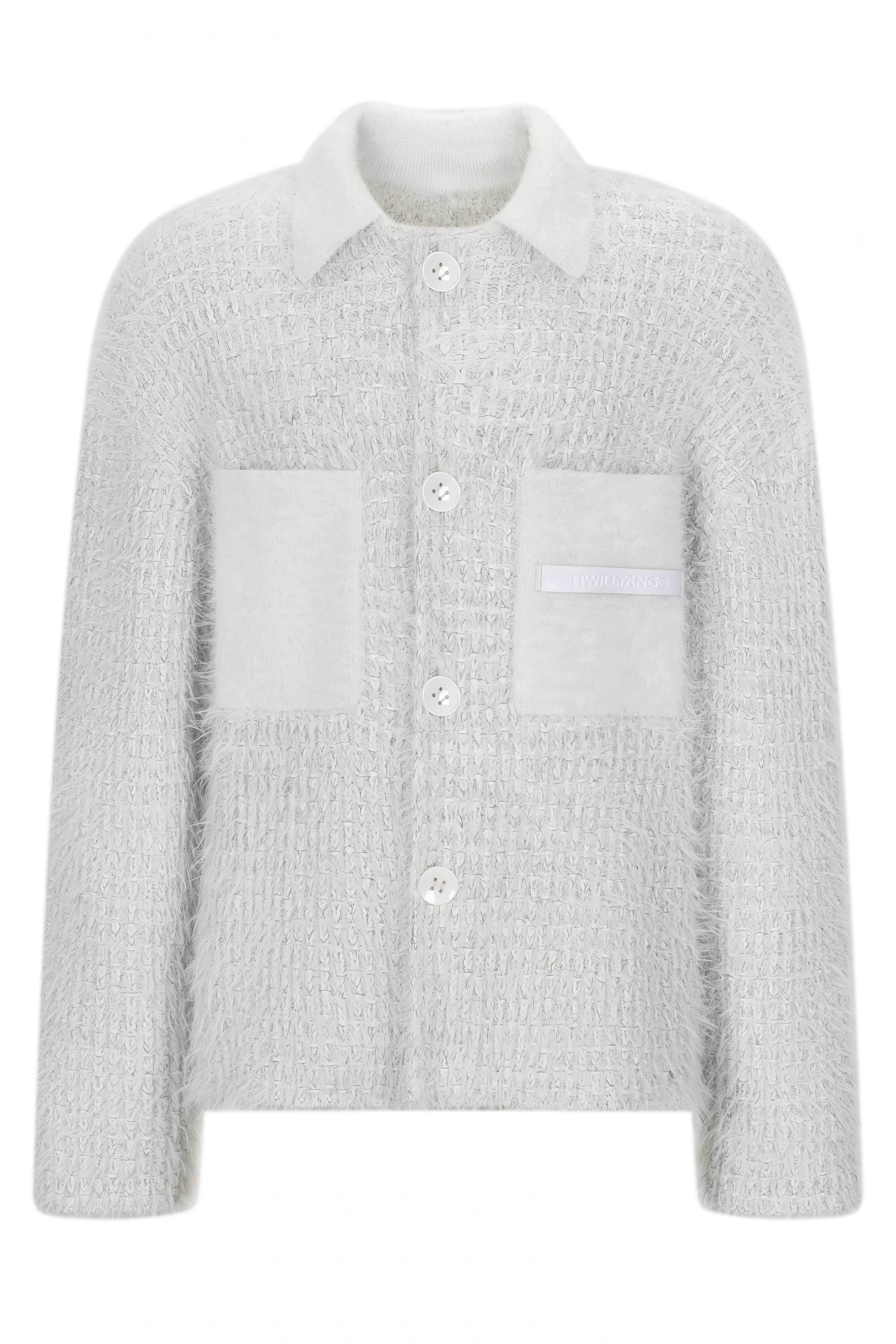 White Chunky Knit Cardigan - Ceramic Button & Shawl Collar Design - 5SION