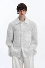 White Chunky Knit Cardigan - Ceramic Button & Shawl Collar Design - 5SION