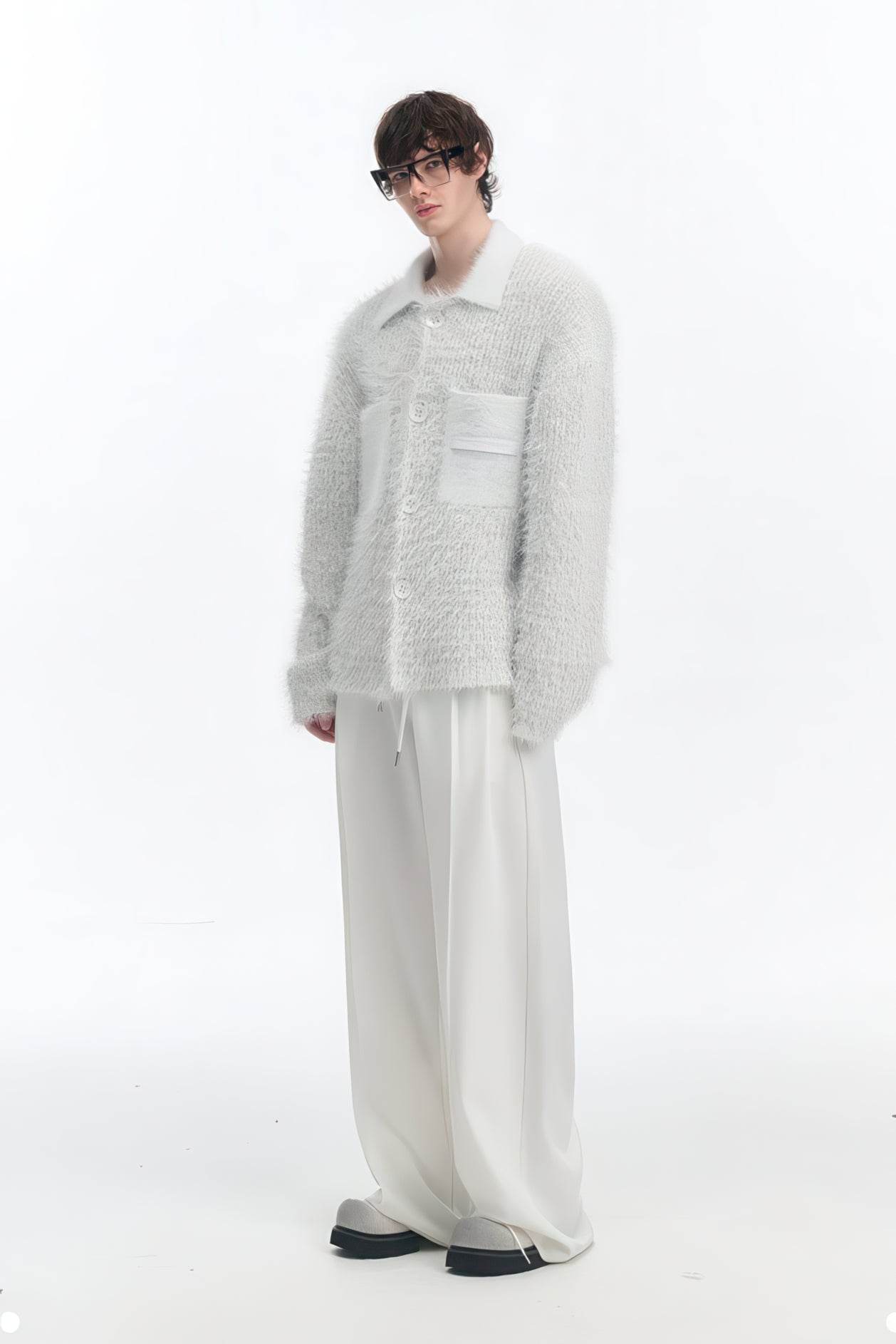 White Chunky Knit Cardigan - Ceramic Button & Shawl Collar Design - 5SION