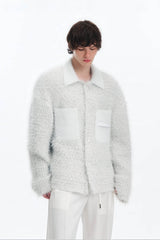 White Chunky Knit Cardigan - Ceramic Button & Shawl Collar Design - 5SION