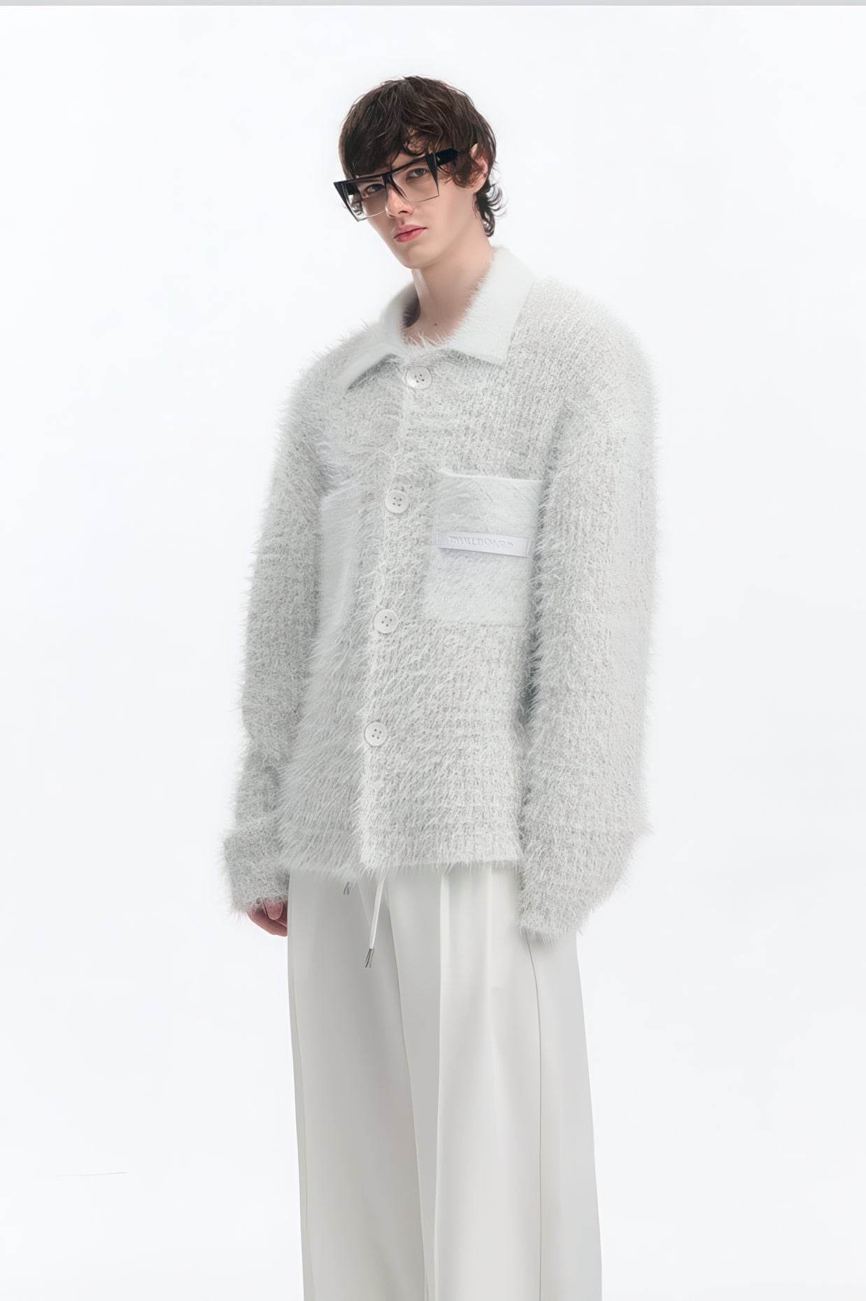 White Chunky Knit Cardigan - Ceramic Button & Shawl Collar Design - 5SION