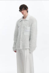 White Chunky Knit Cardigan - Ceramic Button & Shawl Collar Design - 5SION