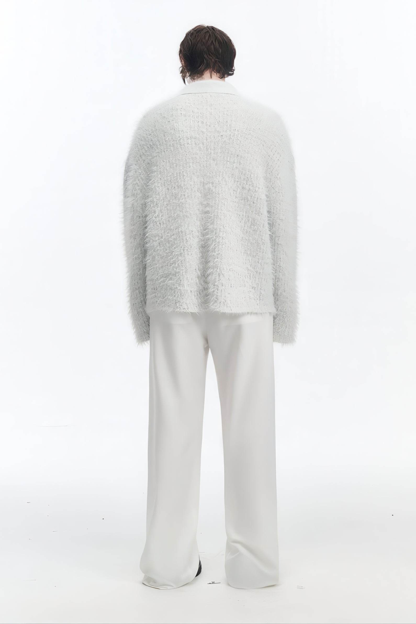 White Chunky Knit Cardigan - Ceramic Button & Shawl Collar Design - 5SION