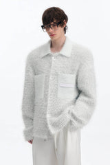 White Chunky Knit Cardigan - Ceramic Button & Shawl Collar Design - 5SION