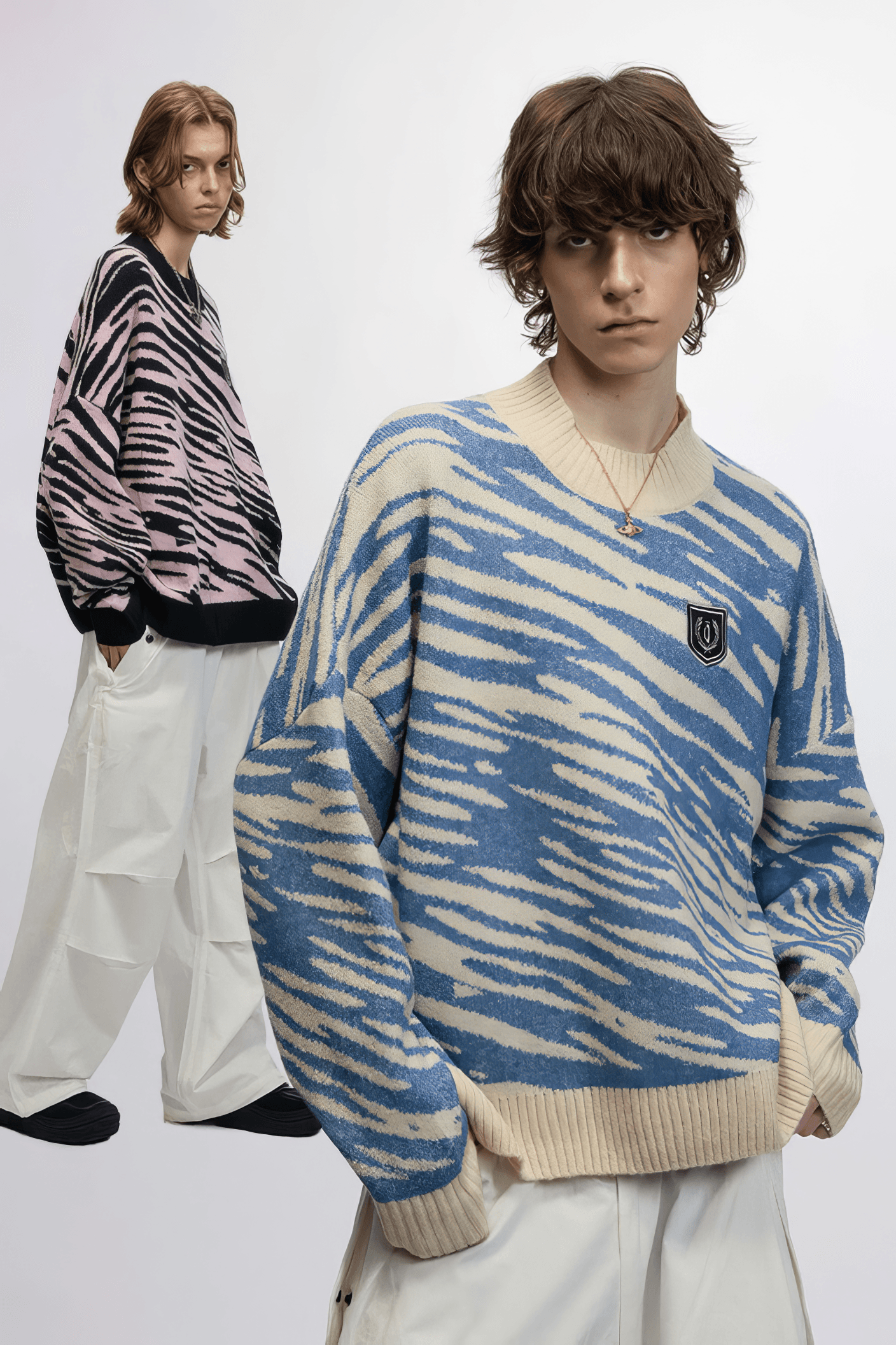 Winter Retro Zebra Knit Sweater – Embroidered Crew Neck for Couples - 5SION