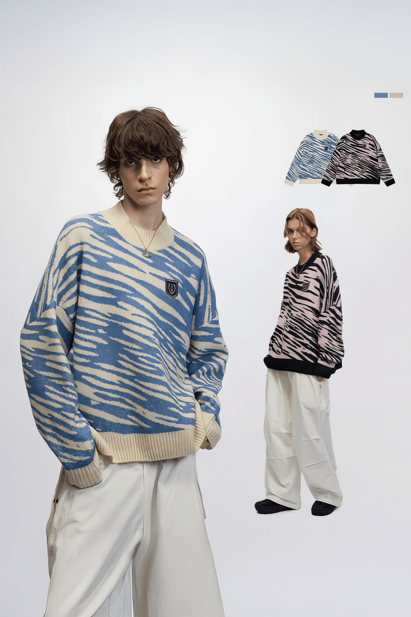 Winter Retro Zebra Knit Sweater – Embroidered Crew Neck for Couples - 5SION
