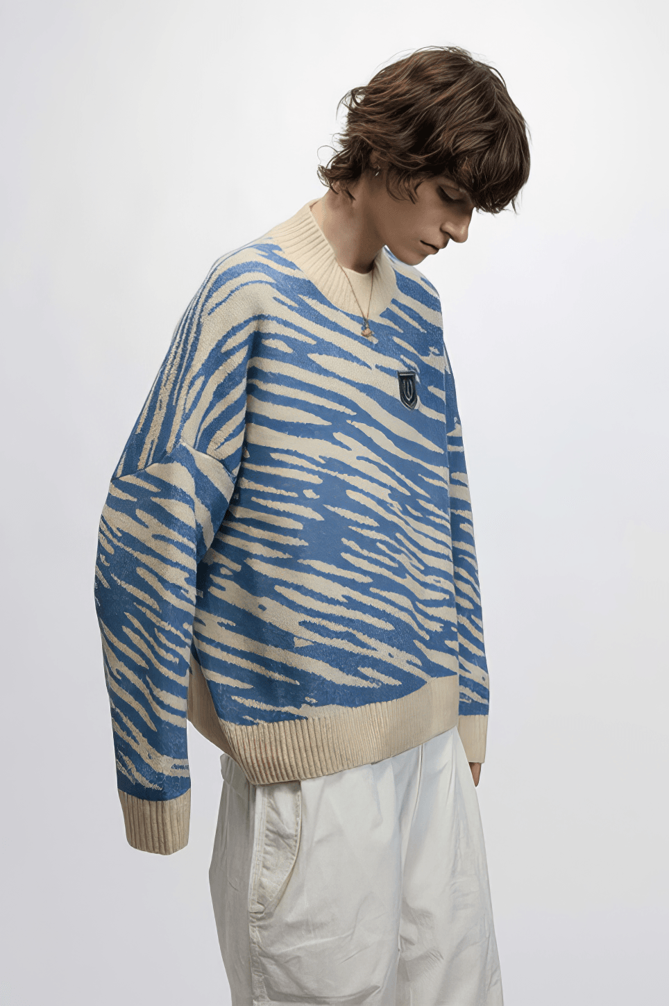 Winter Retro Zebra Knit Sweater – Embroidered Crew Neck for Couples - 5SION