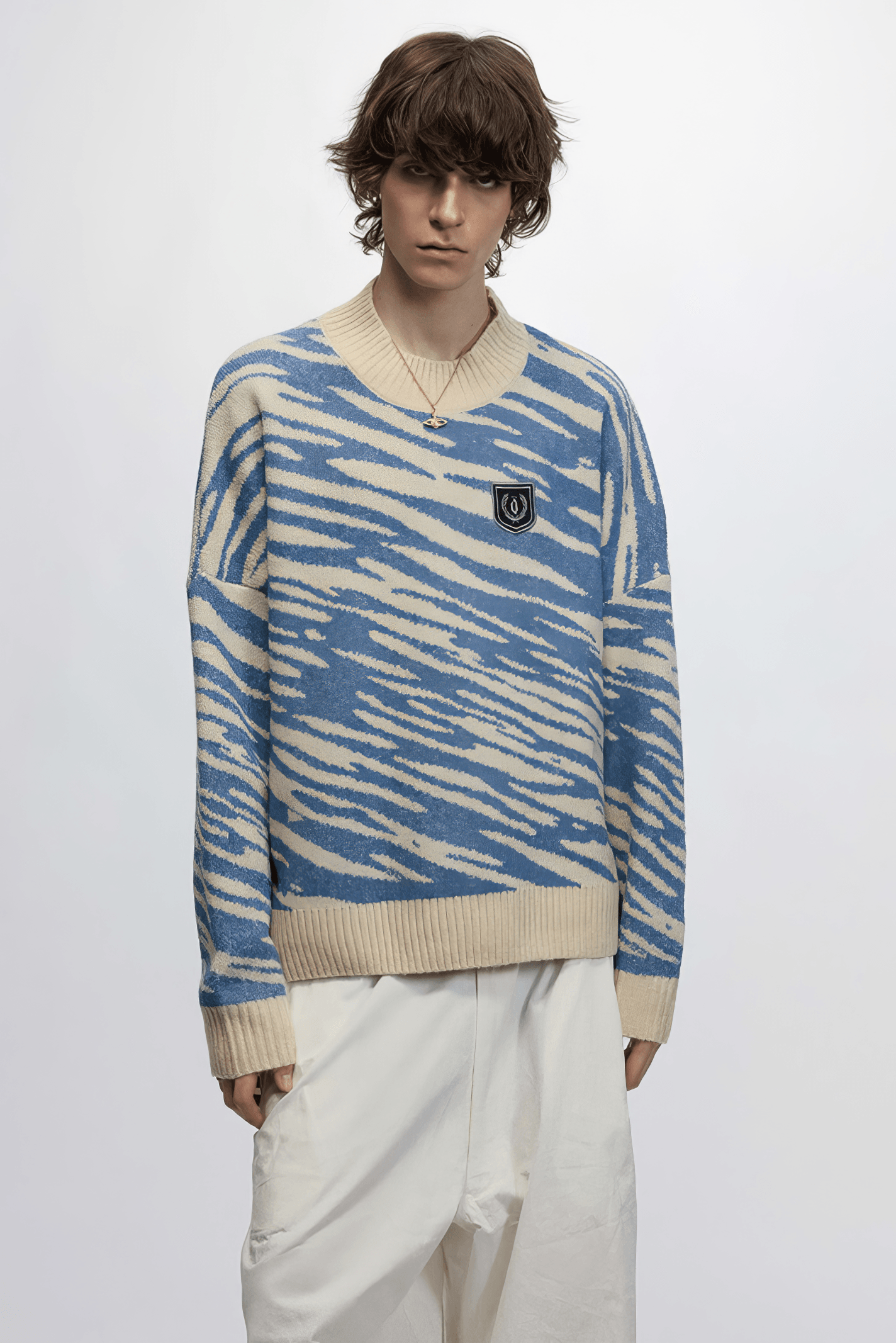 Winter Retro Zebra Knit Sweater – Embroidered Crew Neck for Couples - 5SION