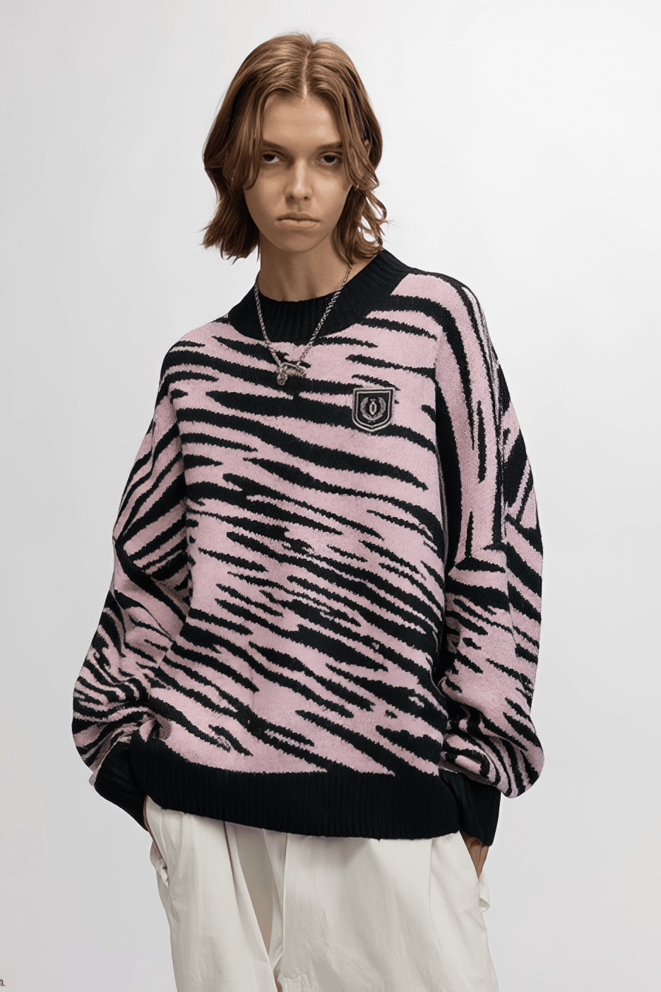 Winter Retro Zebra Knit Sweater – Embroidered Crew Neck for Couples - 5SION