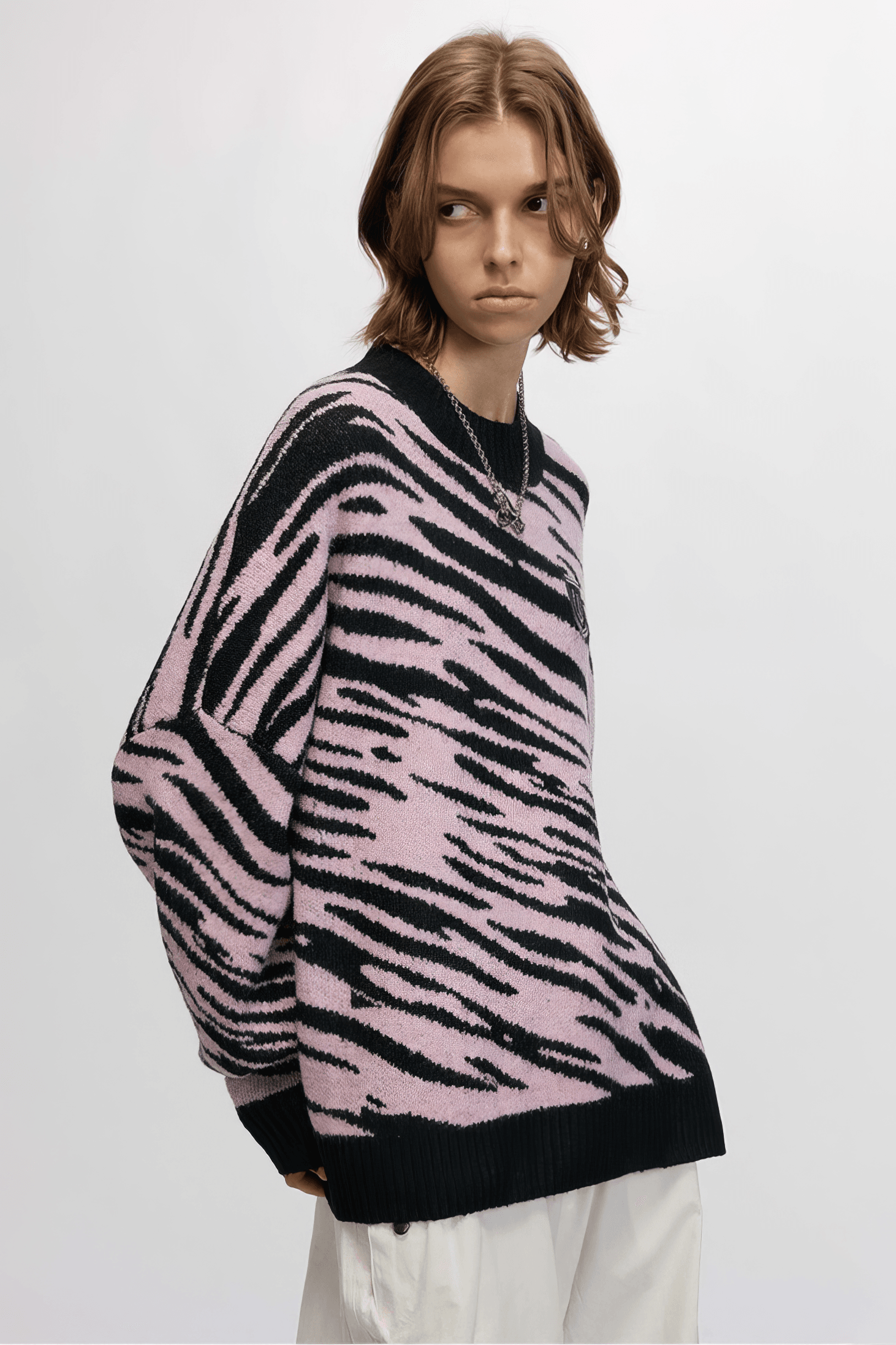 Winter Retro Zebra Knit Sweater – Embroidered Crew Neck for Couples - 5SION
