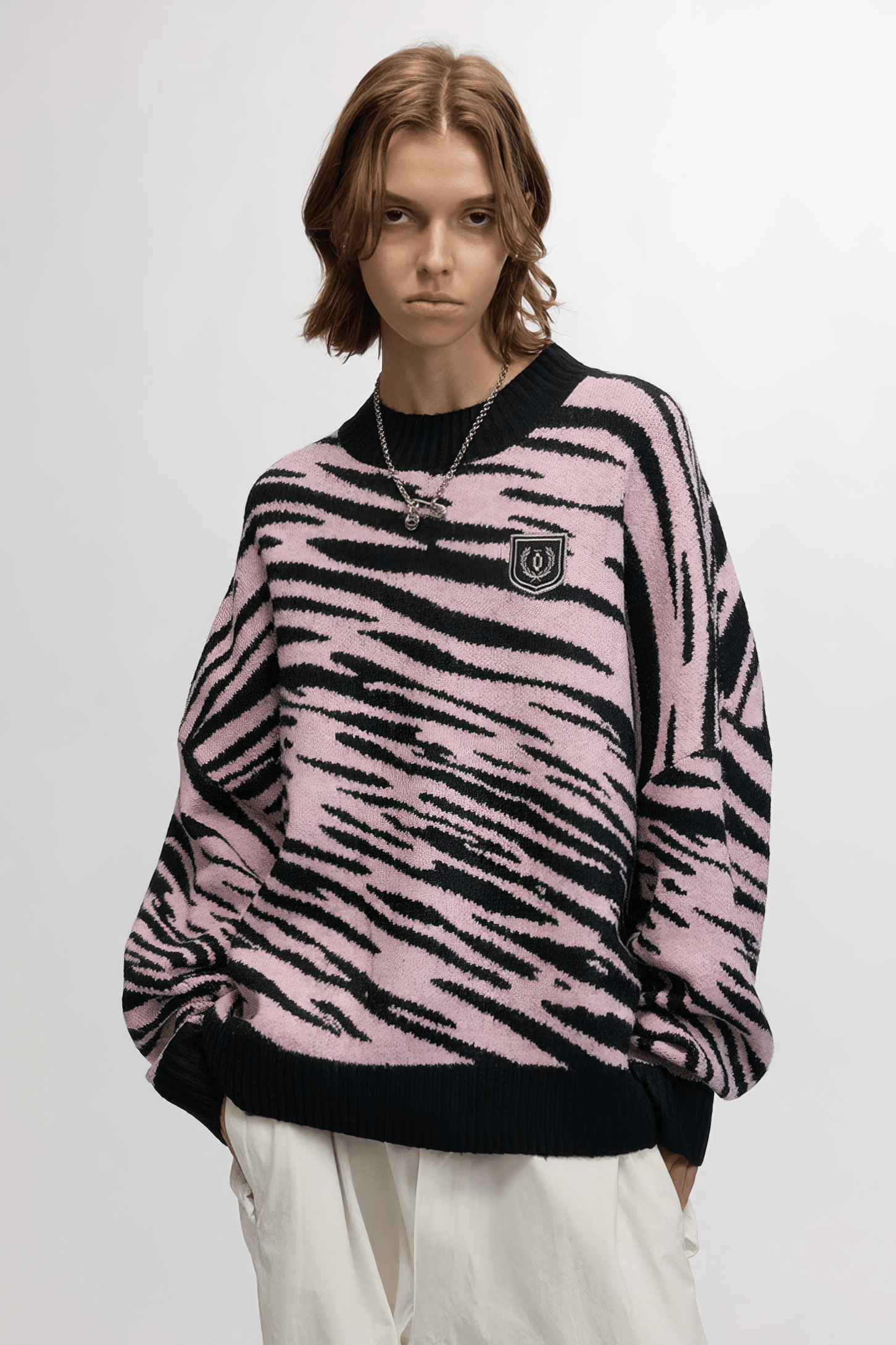 Winter Retro Zebra Knit Sweater – Embroidered Crew Neck for Couples - 5SION